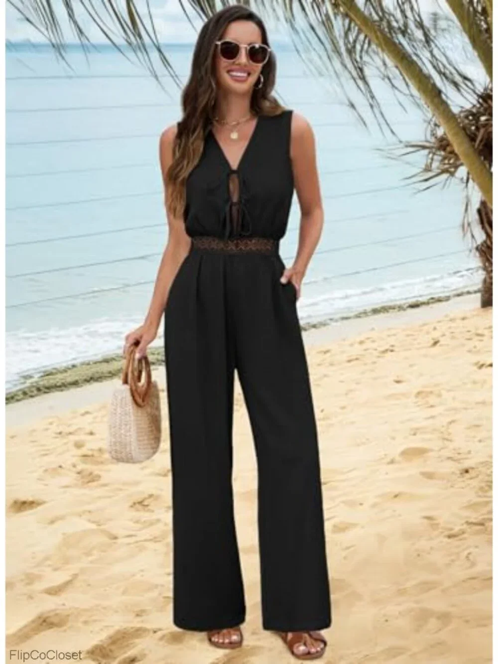 Sleeveless V Neck Tie Front Wide Leg Jumpsuit Romper with Pockets